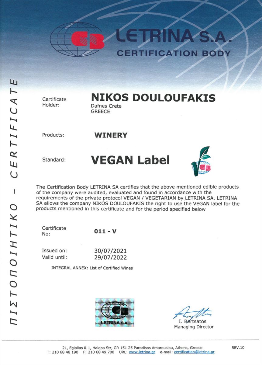 Greek wines of Douloufakis Winery are certified as VEGAN
